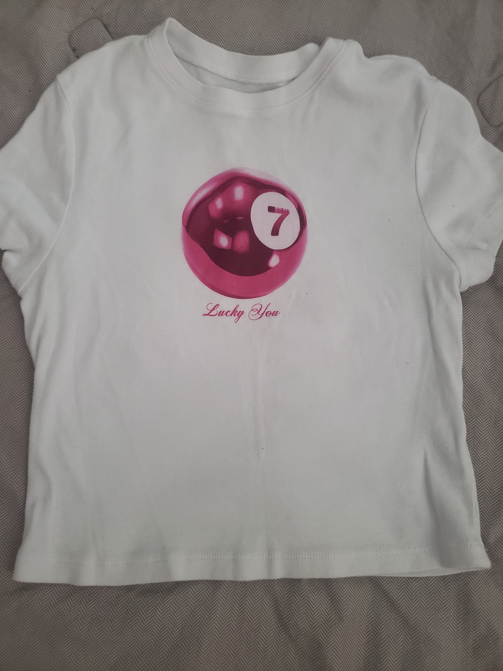 White Crop Top with Pink 'Lucky You' 7 Ball and lips Graphic